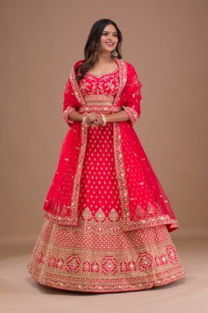 Red Zariwork Raw Silk Readymade Lehenga